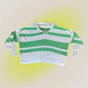 Aerie Green & White Striped Quarter Zip Cropped Sweater | 100% Cotton | M